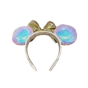 Sparkle Sequin Mouse Ears Headband Gold Bow Iridescent Ears Costume Accessory
